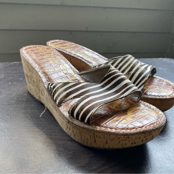 SAM EDELMAN Reid White Brown leather Cork Wedge Platform Mules Slides Sandals - Picture 11 of 13